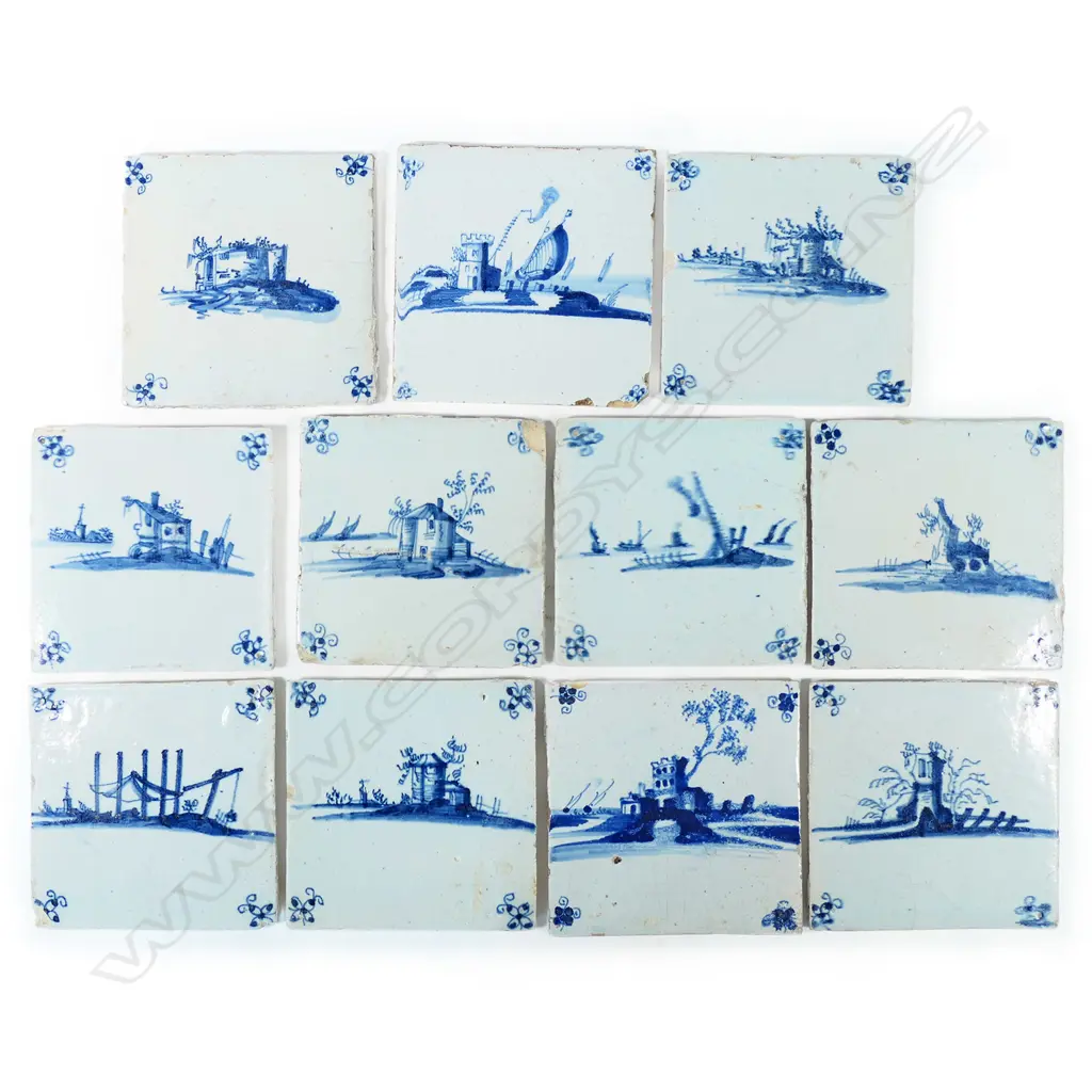 Eleven antique hand painted Delft tiles, Image 1++