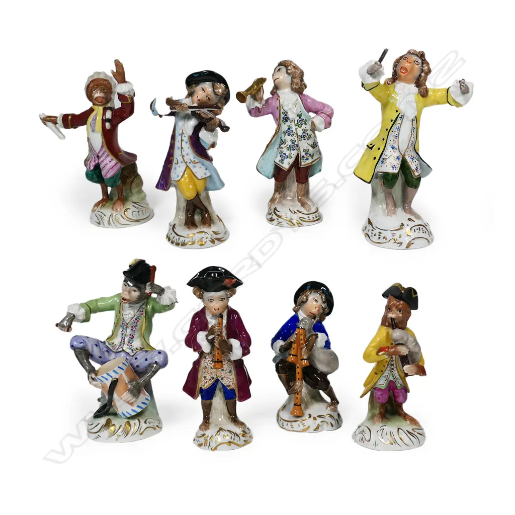 A 19th/20thC German porcelain eight-piece part monkey band Image 1++