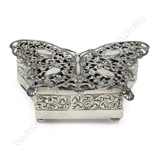 An uncommon early 20thC silver butterfly form trinket / potpourri box