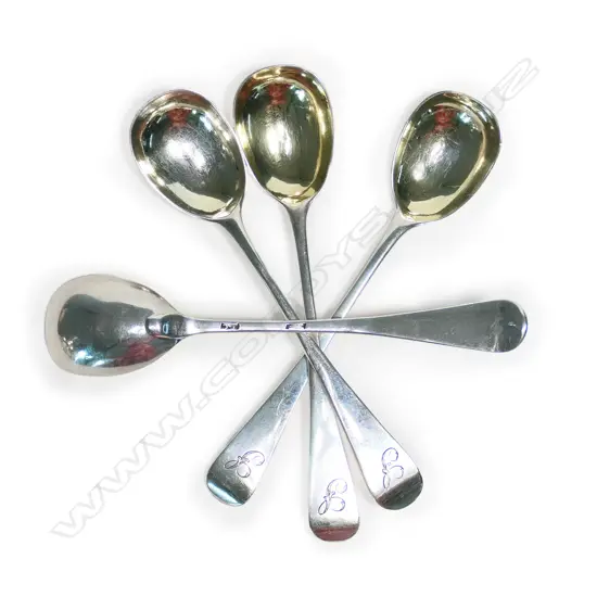 Four silver mustard spoons, Old English pattern,