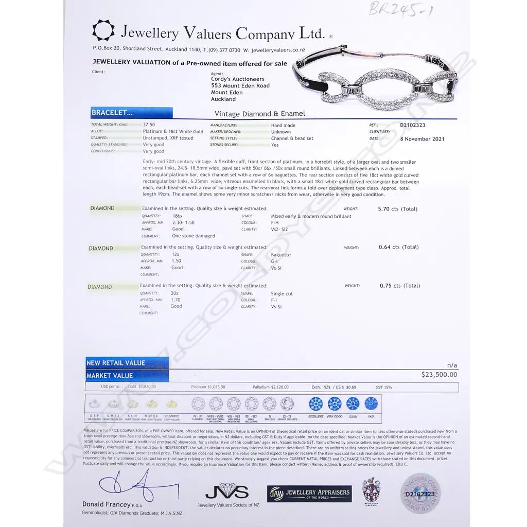 A rare and exceptional Art Deco platinum,18ct white gold, diamond and enamel bracelet, Image 1++