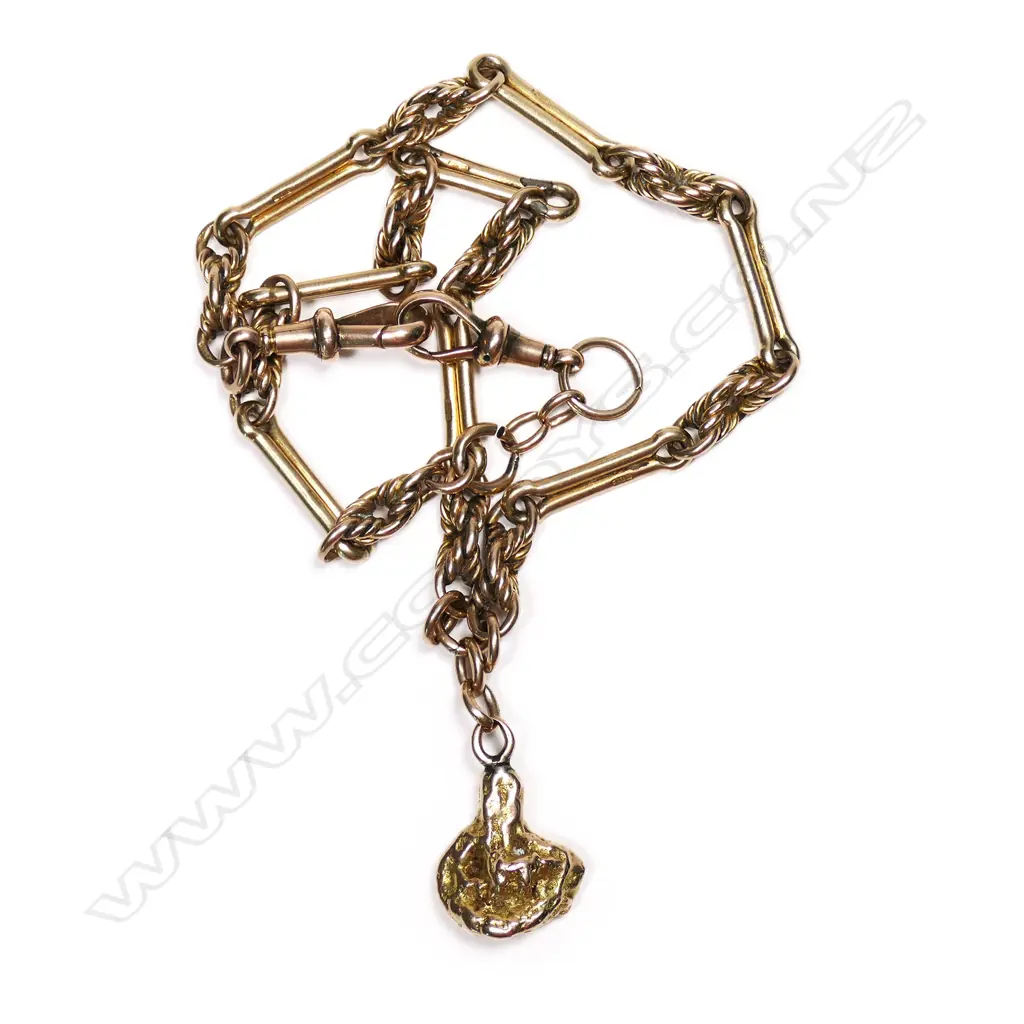 A 9ct gold Albert chain with gold nugget pendant, Image 1++