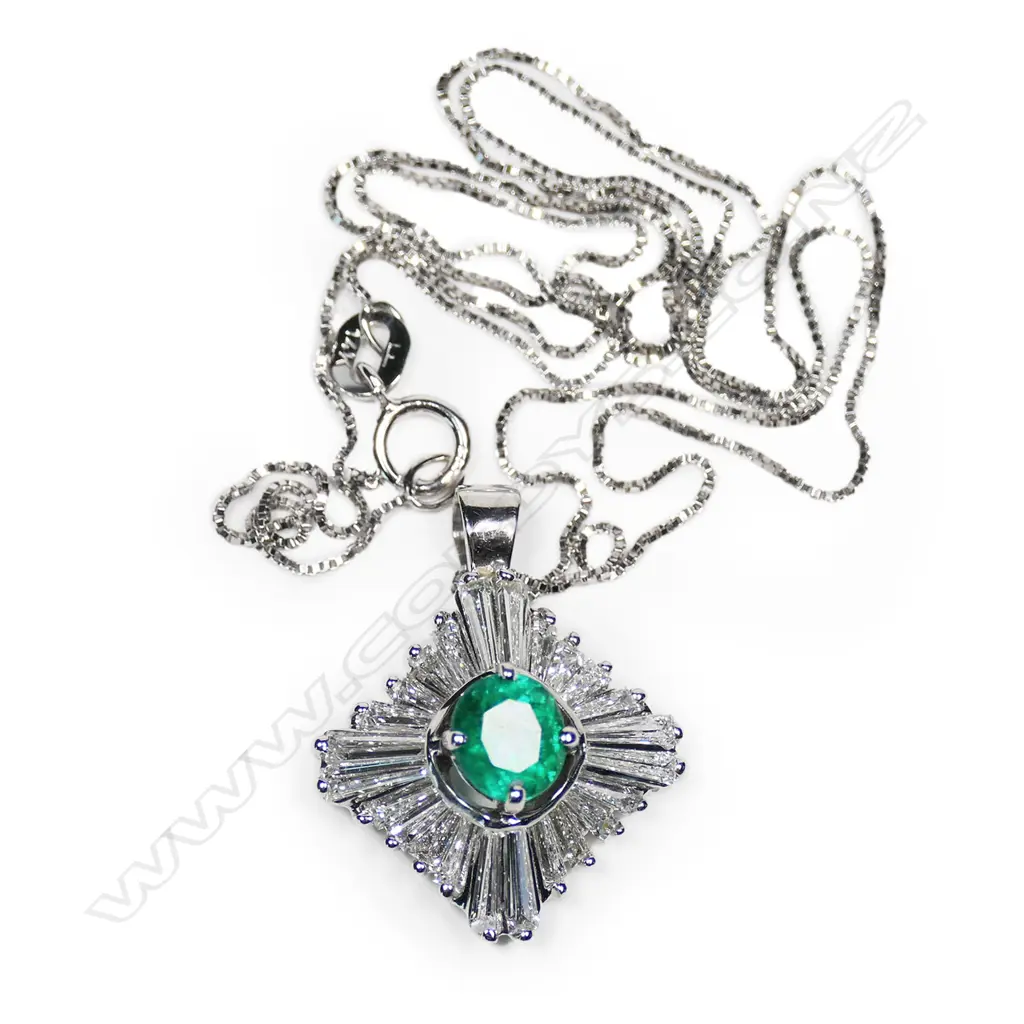 A 14ct white gold, emerald and diamond pendant, Image 1++