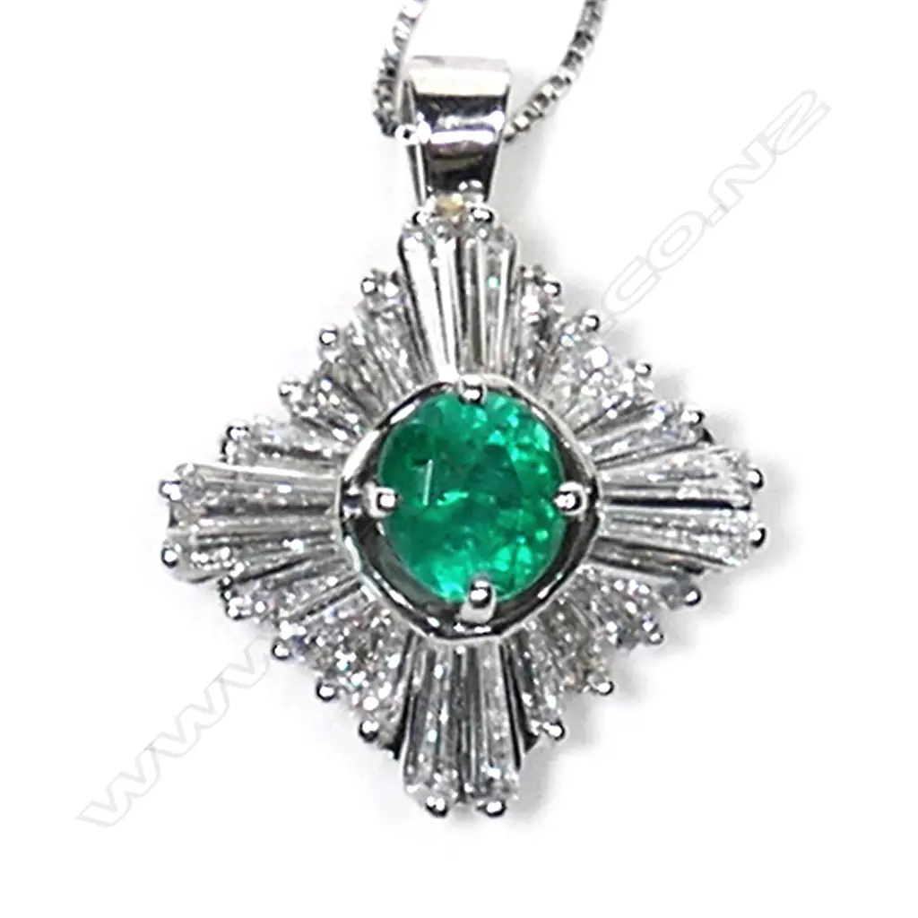 A 14ct white gold, emerald and diamond pendant, Image 1++