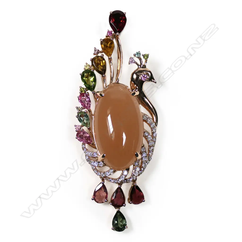 An 18ct rose gold tourmaline and diamond peacock pendant, Image 1++