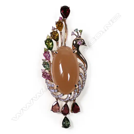 An 18ct rose gold tourmaline and diamond peacock pendant,