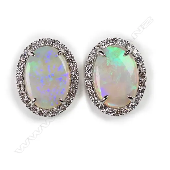 A pair of 14ct white gold, Andamooka opal and diamond stud earrings,