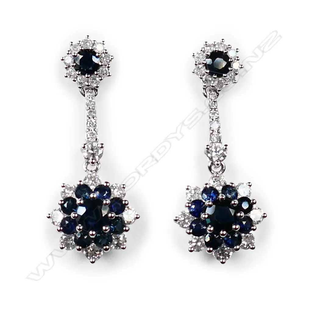 A pair of 14ct white gold, sapphire and diamond floral design drop earrings, Image 1++