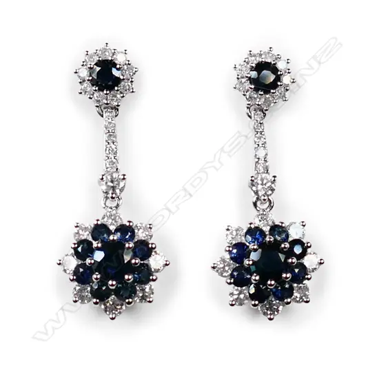 A pair of 14ct white gold, sapphire and diamond floral design drop earrings,