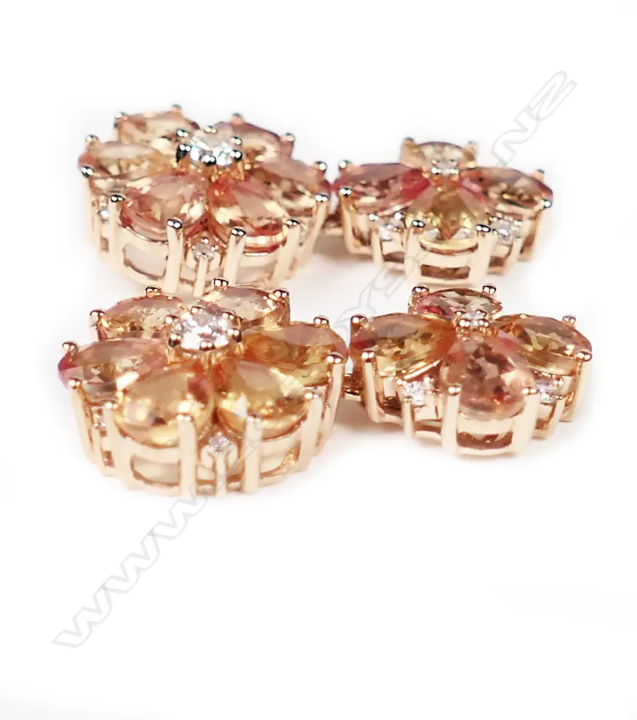 A pair of 14ct rose gold, orange sapphire and diamond floral design drop earrings, Image 1++