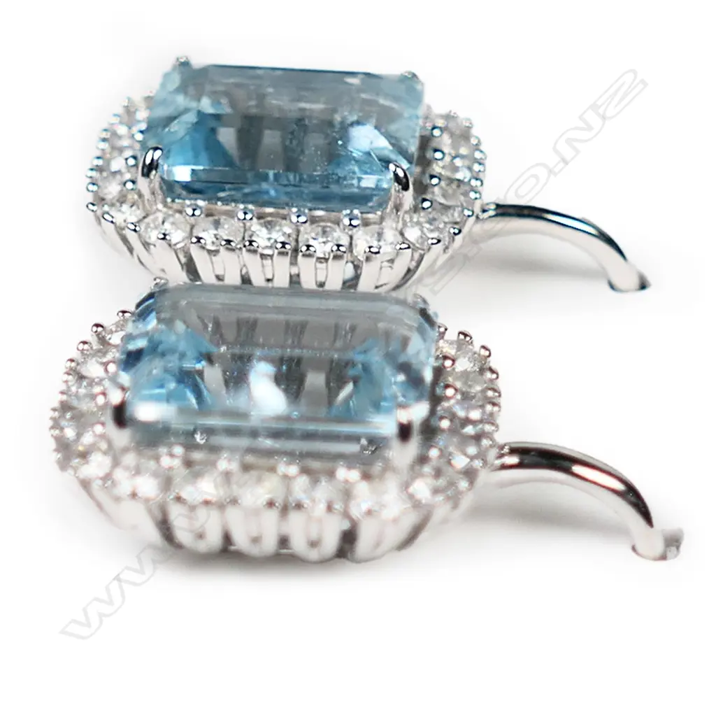 A pair of 14ct white gold, aquamarine and diamond halo earrings, Image 1++