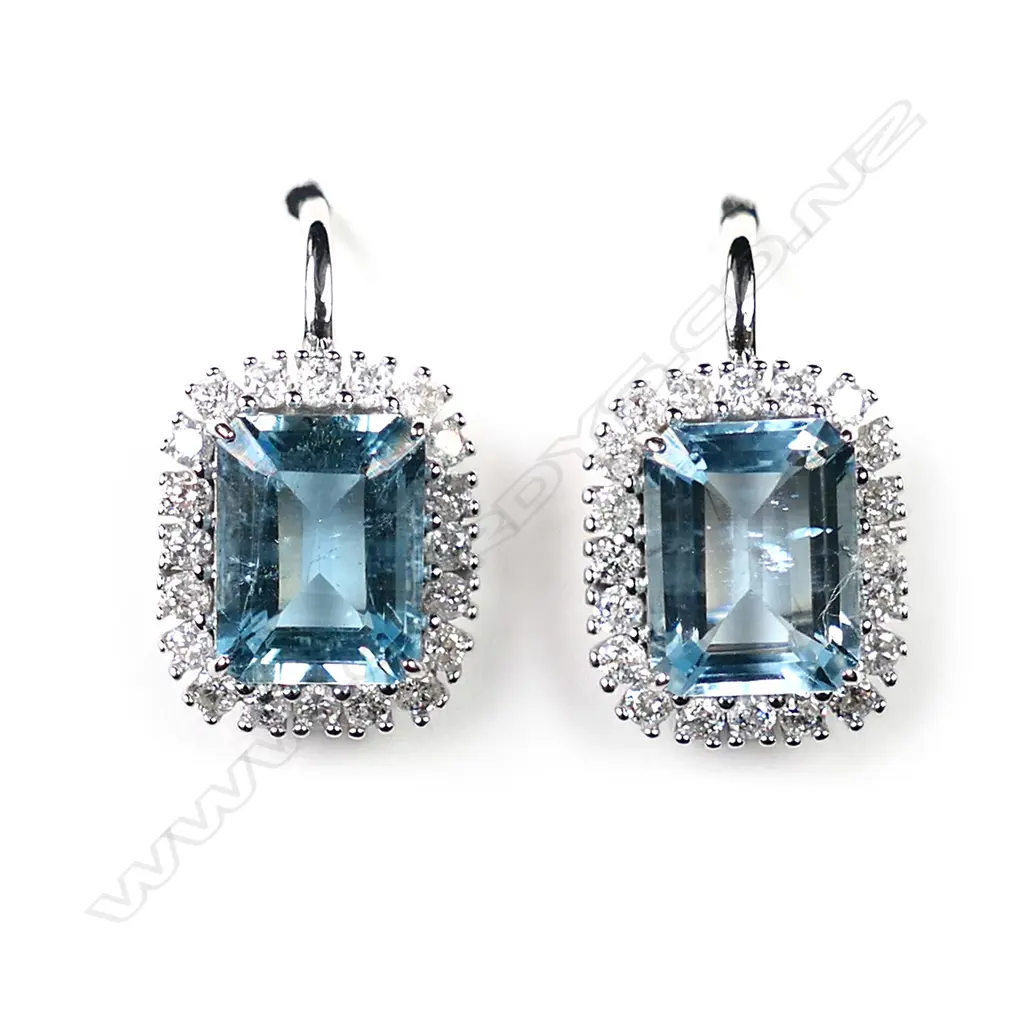 A pair of 14ct white gold, aquamarine and diamond halo earrings, Image 1++