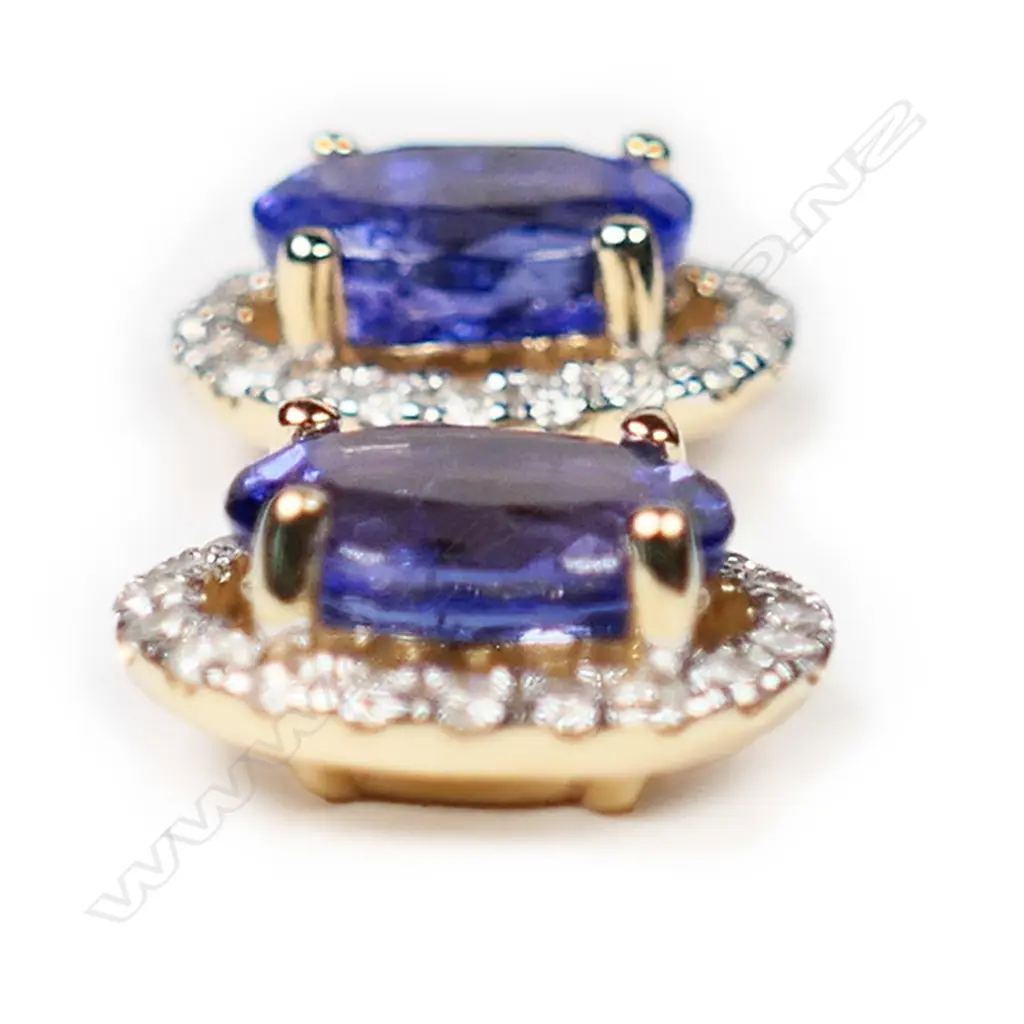 A pair of 14ct gold, tanzanite and diamond, vintage style halo earrings, Image 1++
