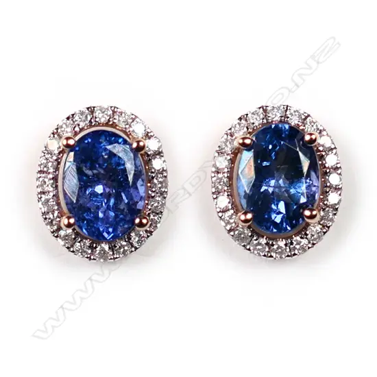 A pair of 14ct gold, tanzanite and diamond, vintage style halo earrings,