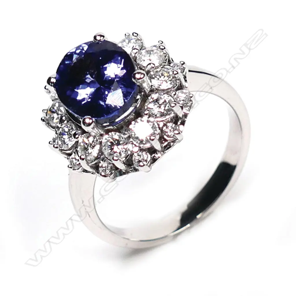A 14ct white gold, tanzanite and diamond ring, Image 1++