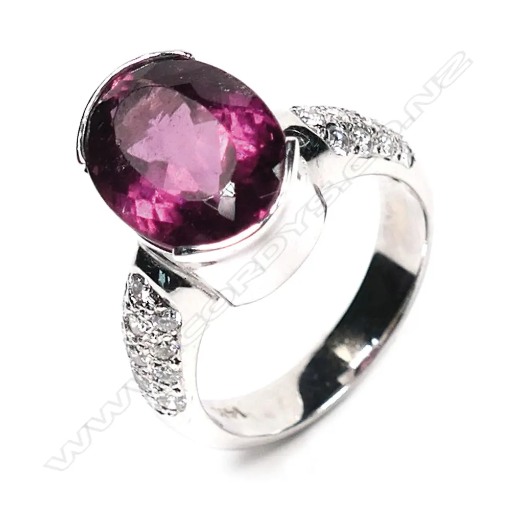 A 14ct white gold, rubelite and diamond ring, Image 1++