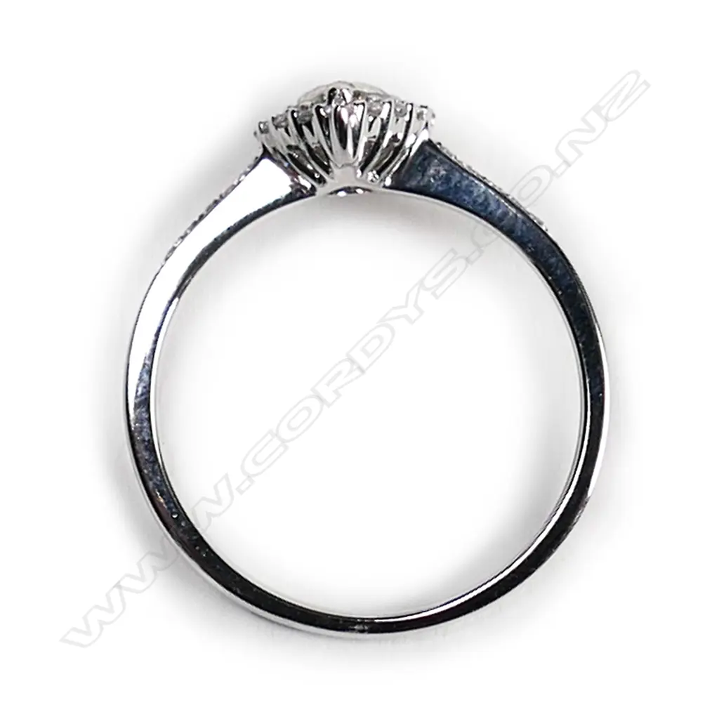 A 14ct white gold and diamond vintage style halo ring, Image 1++