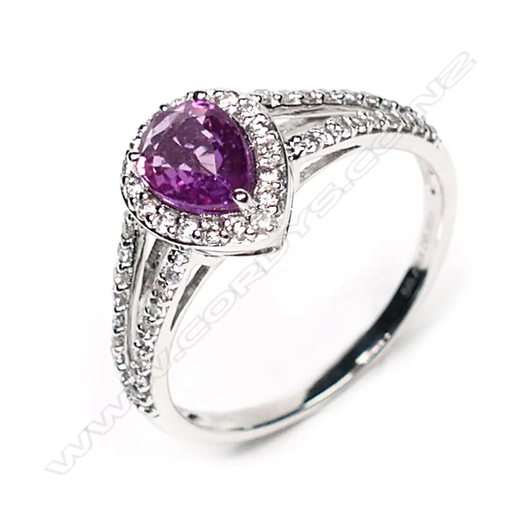 A 14ct white gold pink sapphire and diamond vintage style halo ring, Image 1++