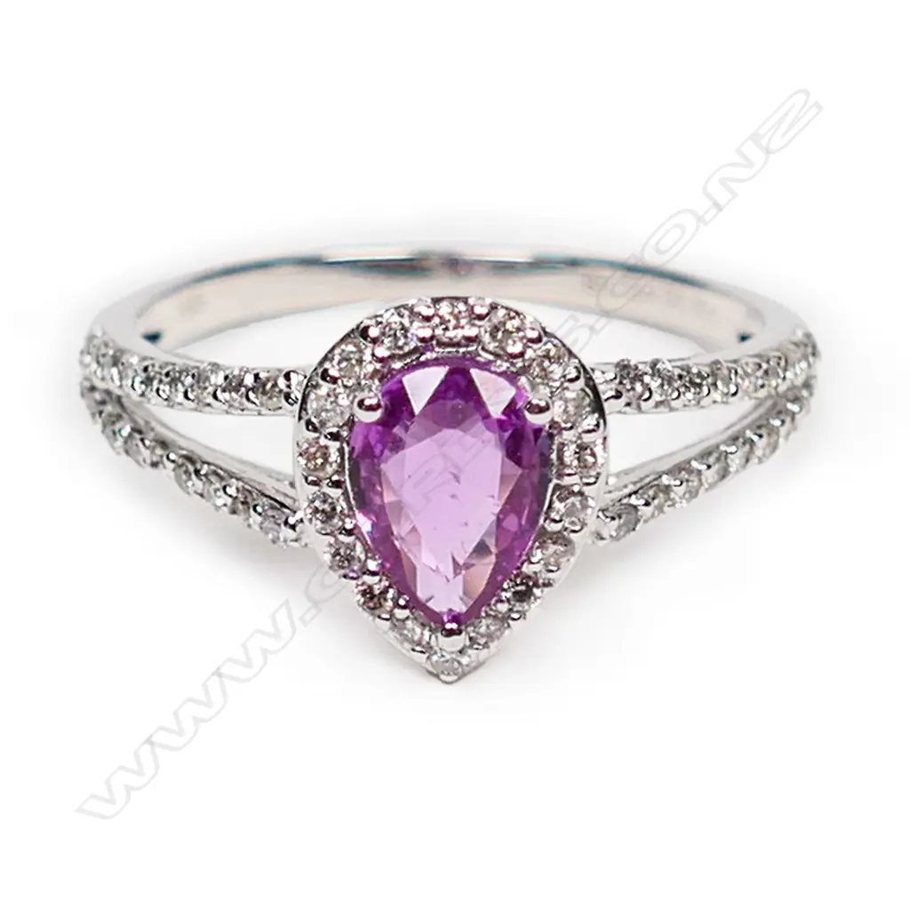A 14ct white gold pink sapphire and diamond vintage style halo ring, Image 1++