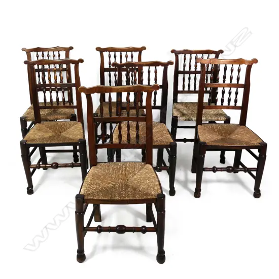 Seven early 19thC, country oak spindle back chairs,