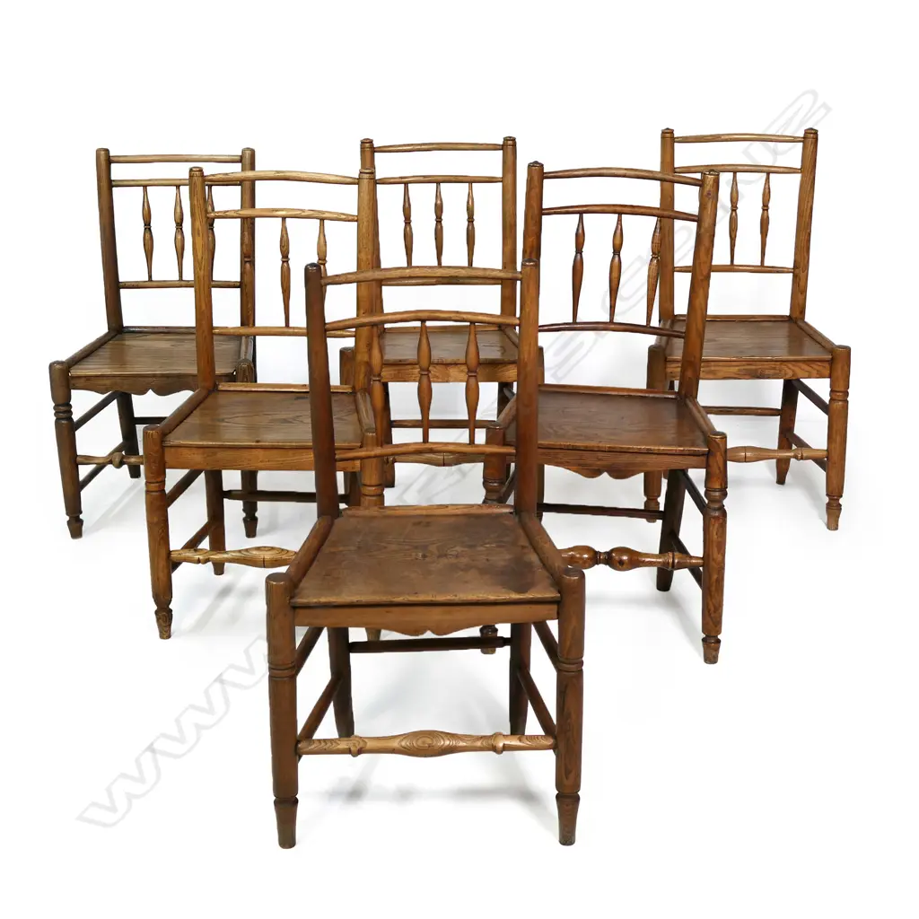 A set of six 19thC, country elm spindle back chairs, Image 1++