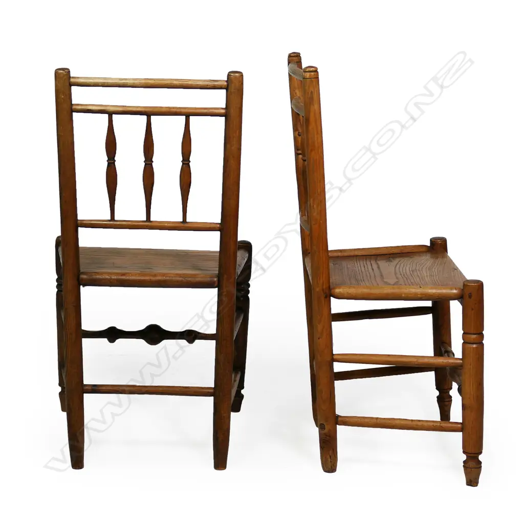 A set of six 19thC, country elm spindle back chairs, Image 1++
