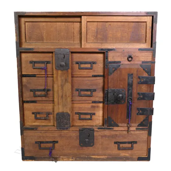 A good c1850 Japanese paulownia wood merchant's locking chest, 'Choba-Dansu',