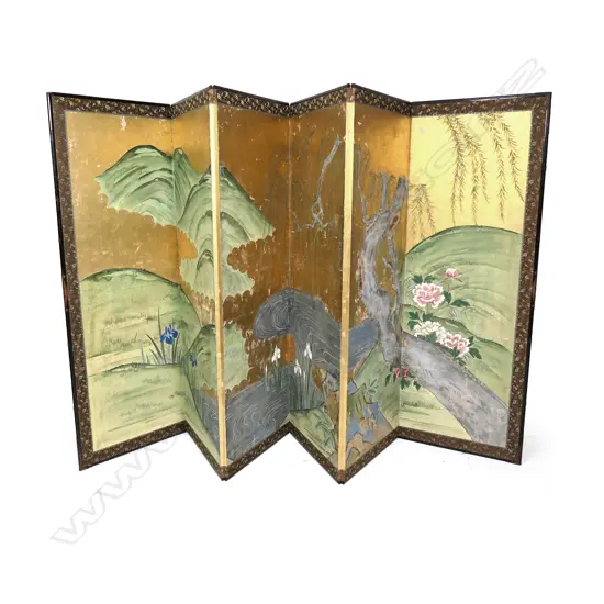 A large Japanese 19thC six panel screen,