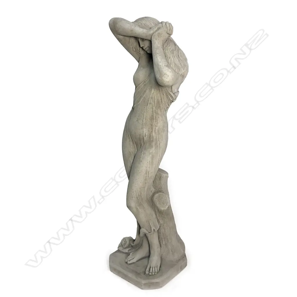 A tall classical garden statue of a semi naked maiden, 'Shy Girl', Image 1++