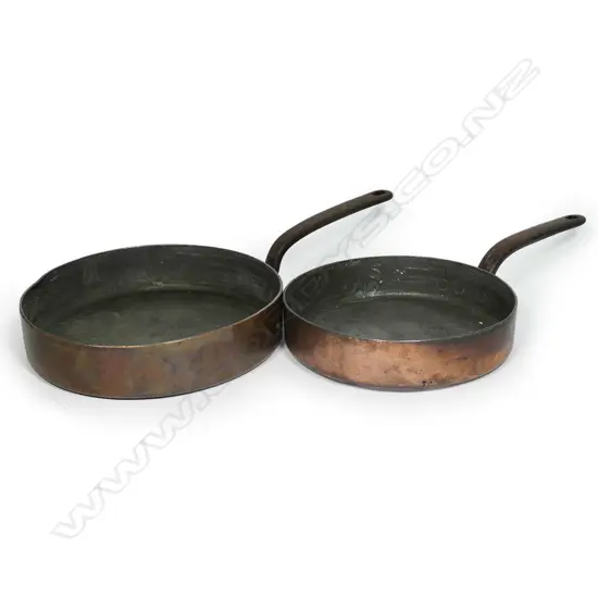 Two vintage French heavy copper sauté pans,
