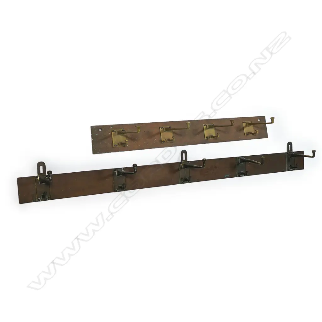 Two c.1900 Arts & Crafts brass and copper multi-hook coat racks, Image 1++