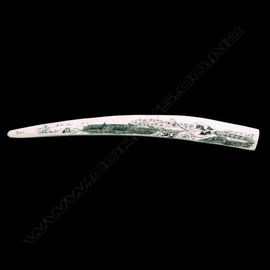 A very large walrus tusk, scrimshaw engraved, attributed to Ellen Evak Paneok (Alaskan 1959 - 2008), Image 1++