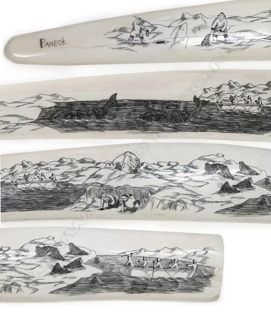 A very large walrus tusk, scrimshaw engraved, attributed to Ellen Evak Paneok (Alaskan 1959 - 2008), Image 1++