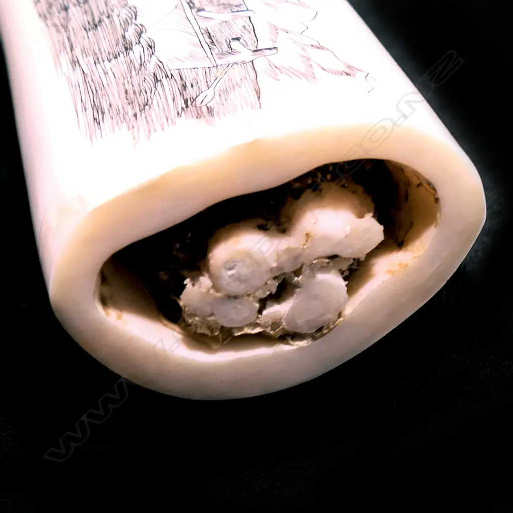 A very large walrus tusk, scrimshaw engraved, attributed to Ellen Evak Paneok (Alaskan 1959 - 2008), Image 1++