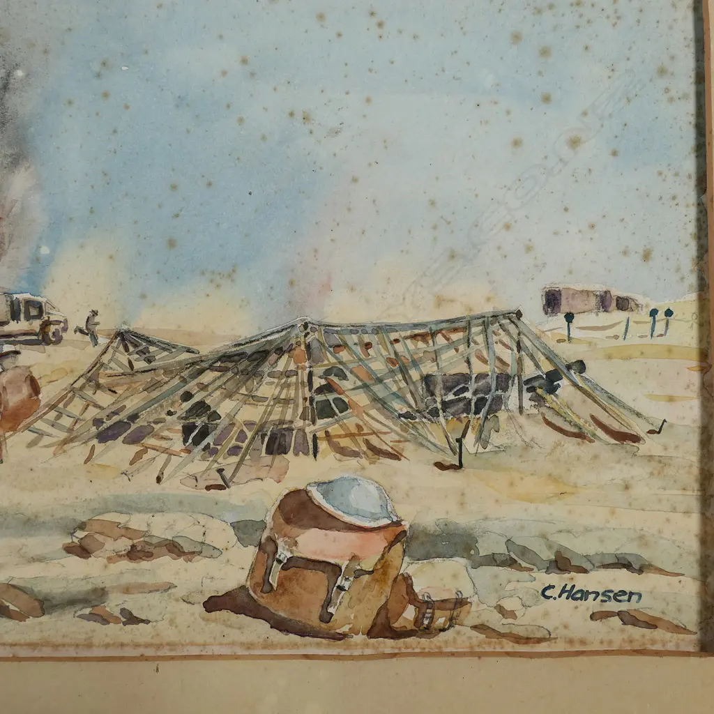 WWII African Campaign watercolour by C. Hansen, No.4 (gun) of F Tp 30th Bty. at No.4 position at El Alamein, Image 1++