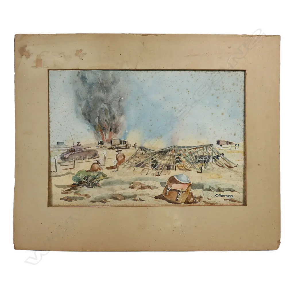 WWII African Campaign watercolour by C. Hansen, No.4 (gun) of F Tp 30th Bty. at No.4 position at El Alamein, Image 1++