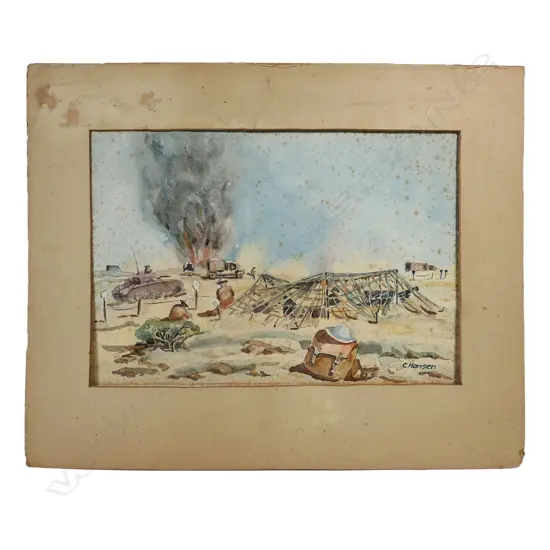 WWII African Campaign watercolour by C. Hansen, No.4 (gun) of F Tp 30th Bty. at No.4 position at El Alamein,