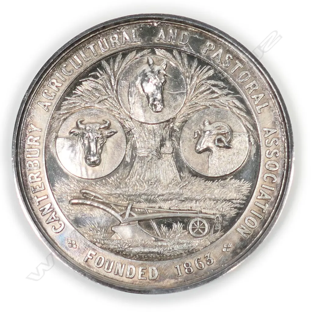 A silver Canterbury Agricultural and Pastoral Association, 'Founded 18653 medal, by George Coates of Christchurch, Image 1++