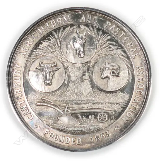 A silver Canterbury Agricultural and Pastoral Association, 'Founded 18653 medal, by George Coates of Christchurch,