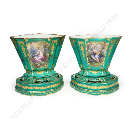 A pair of Louis XVI 18thC Sèvres green-ground ‘Vases Hollandois’,
