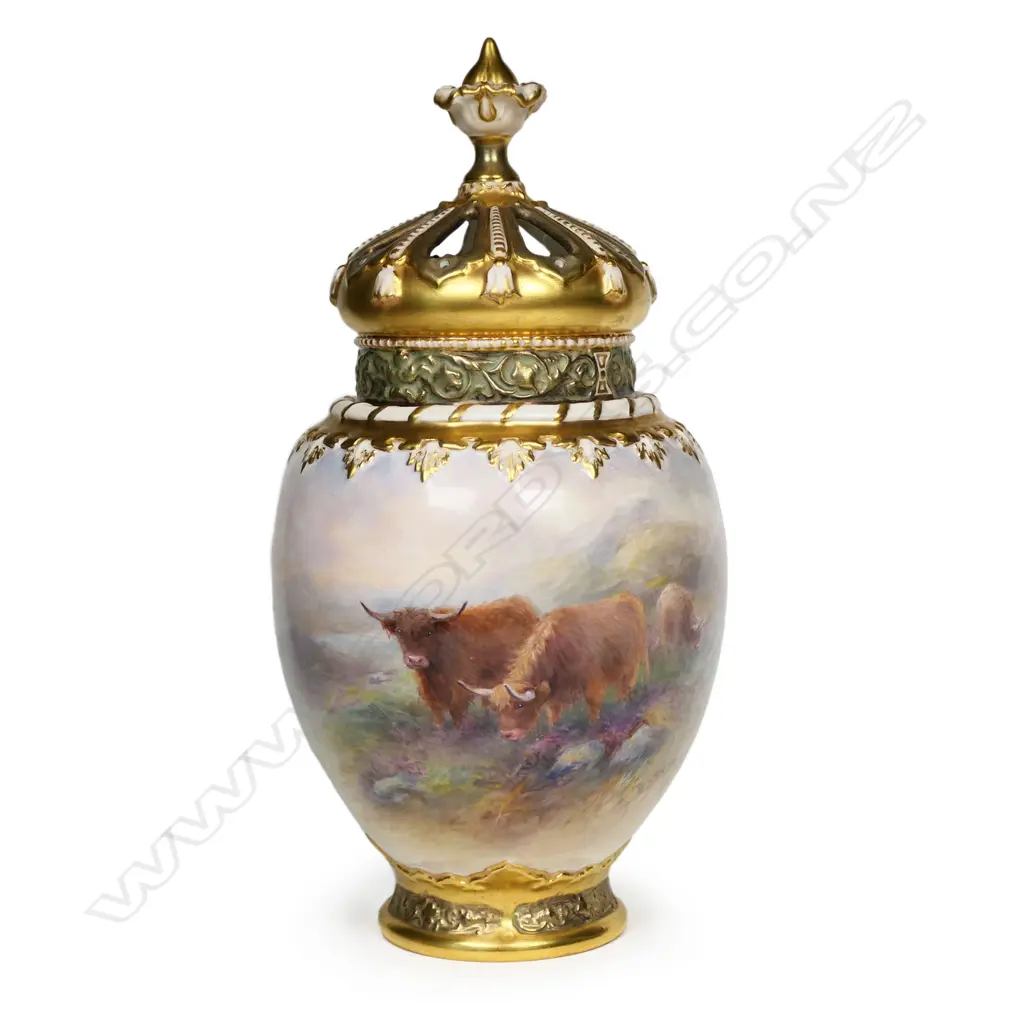 A Royal Worcester potpourri vase and cover, painted with Highland cattle by Harry Stinton, Image 1++