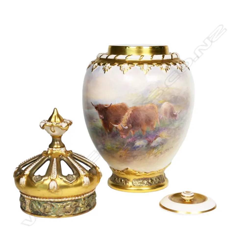 A Royal Worcester potpourri vase and cover, painted with Highland cattle by Harry Stinton, Image 1++