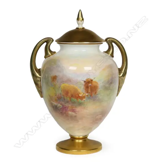 A Royal Worcester lidded urn, painted with Highland cattle by Harry Stinton,
