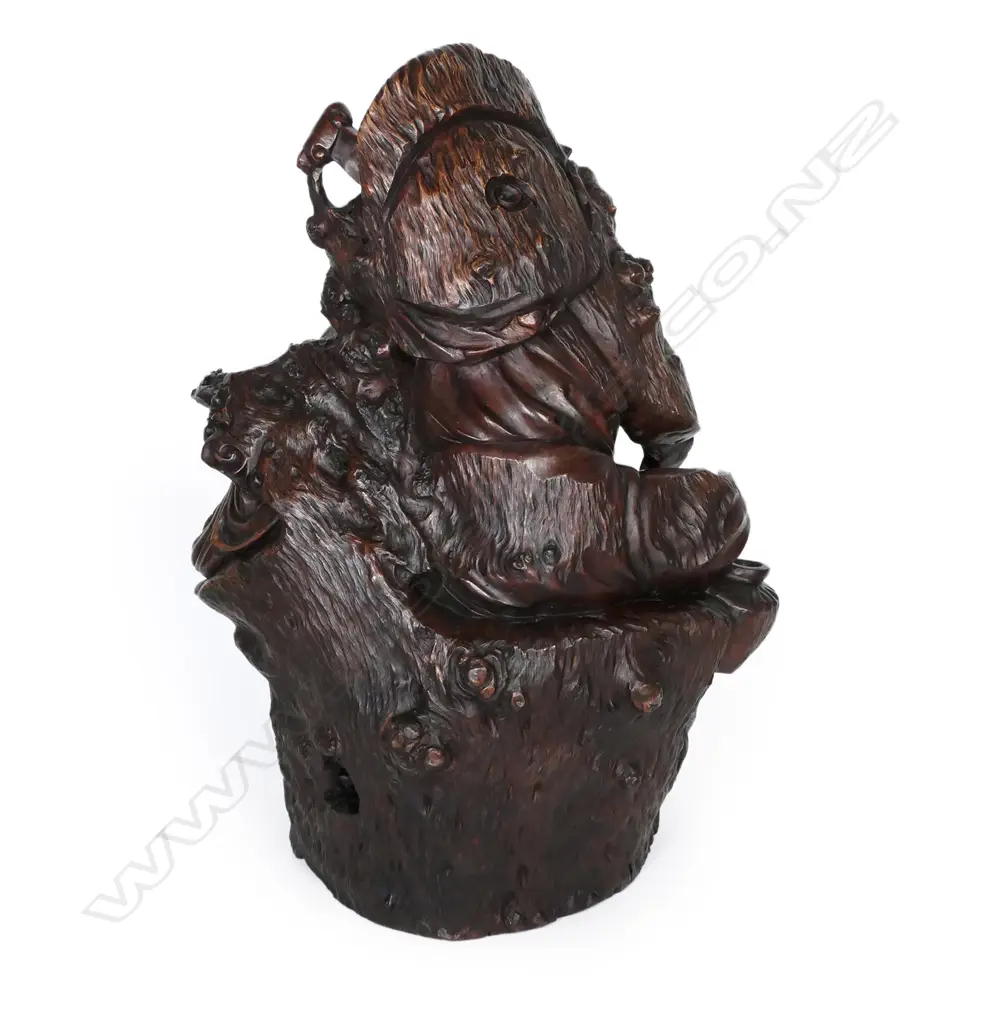 A massive and well carved Japanese burl wood carved figure of Shoki and a young boy, Image 1++