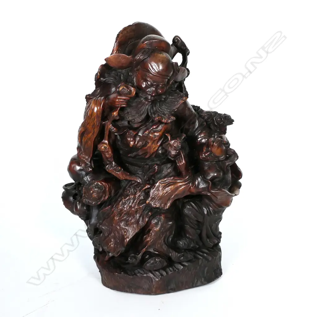 A massive and well carved Japanese burl wood carved figure of Shoki and a young boy, Image 1++