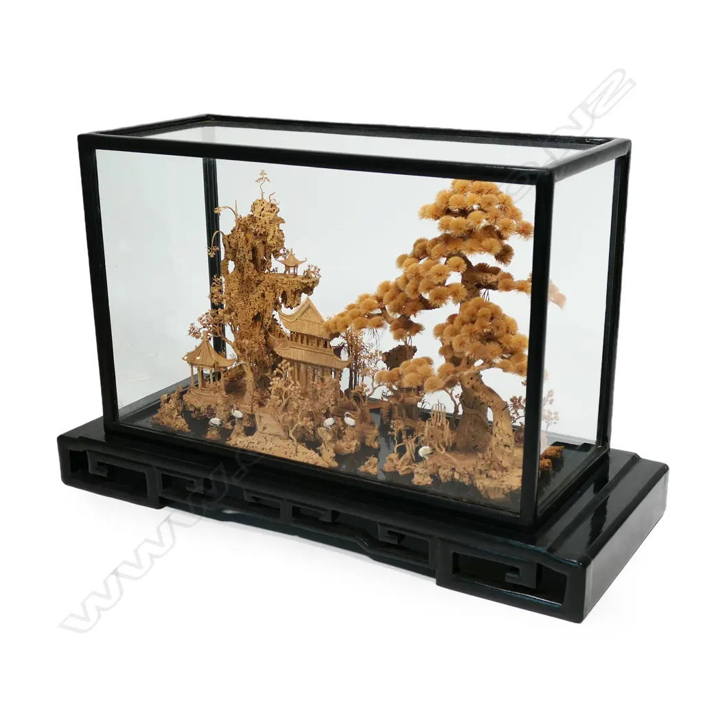 An exceptional very finely carved cork Chinese landscape display Image 1++