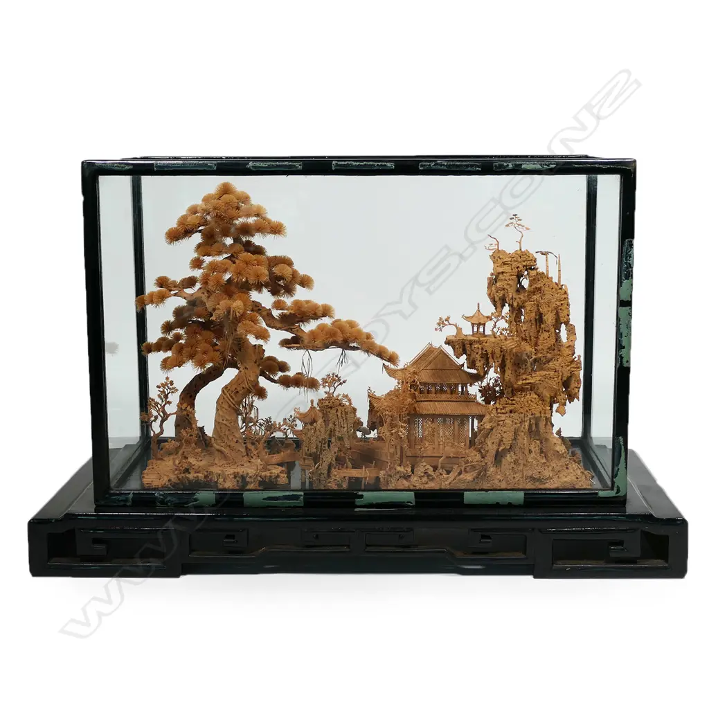 An exceptional very finely carved cork Chinese landscape display Image 1++