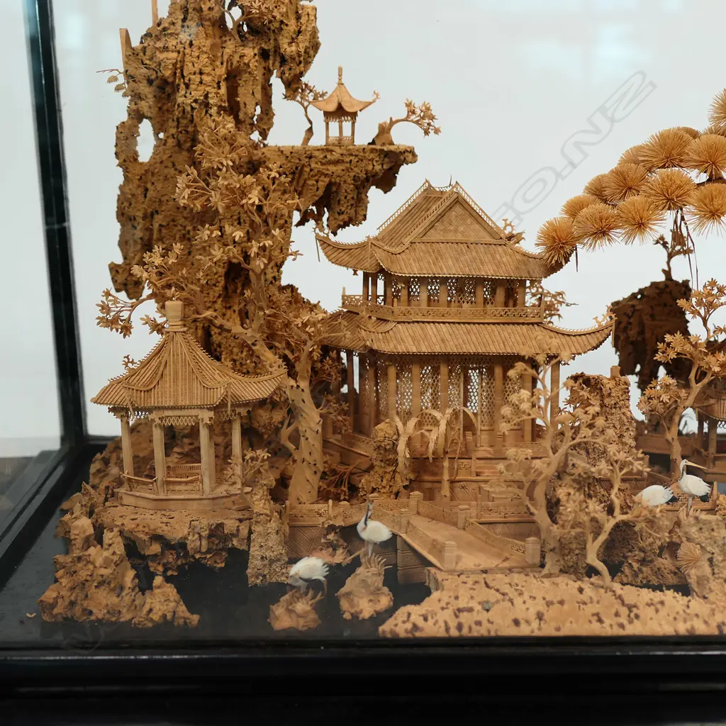 An exceptional very finely carved cork Chinese landscape display Image 1++
