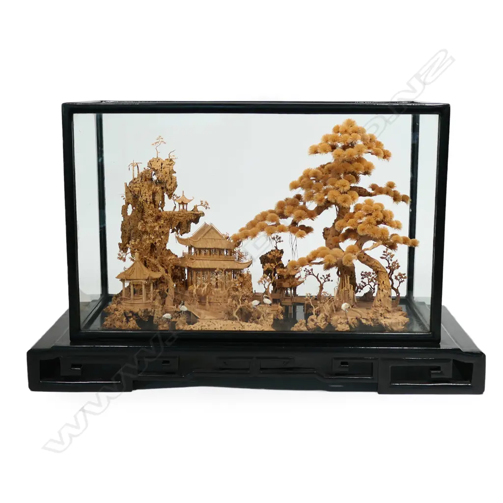 An exceptional very finely carved cork Chinese landscape display Image 1++