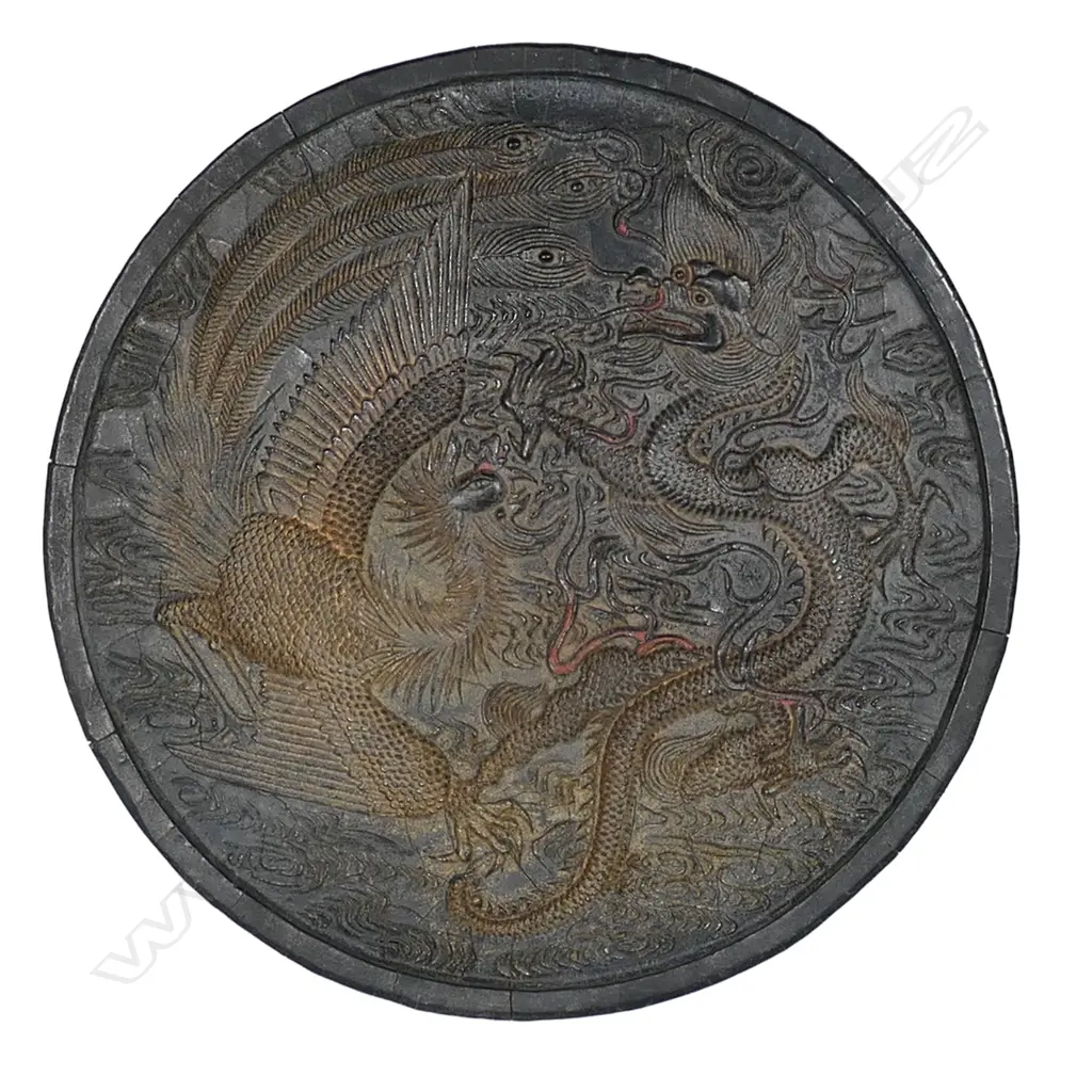 An old Chinese ink block, moulded with a dragon and phoenix, Image 1++